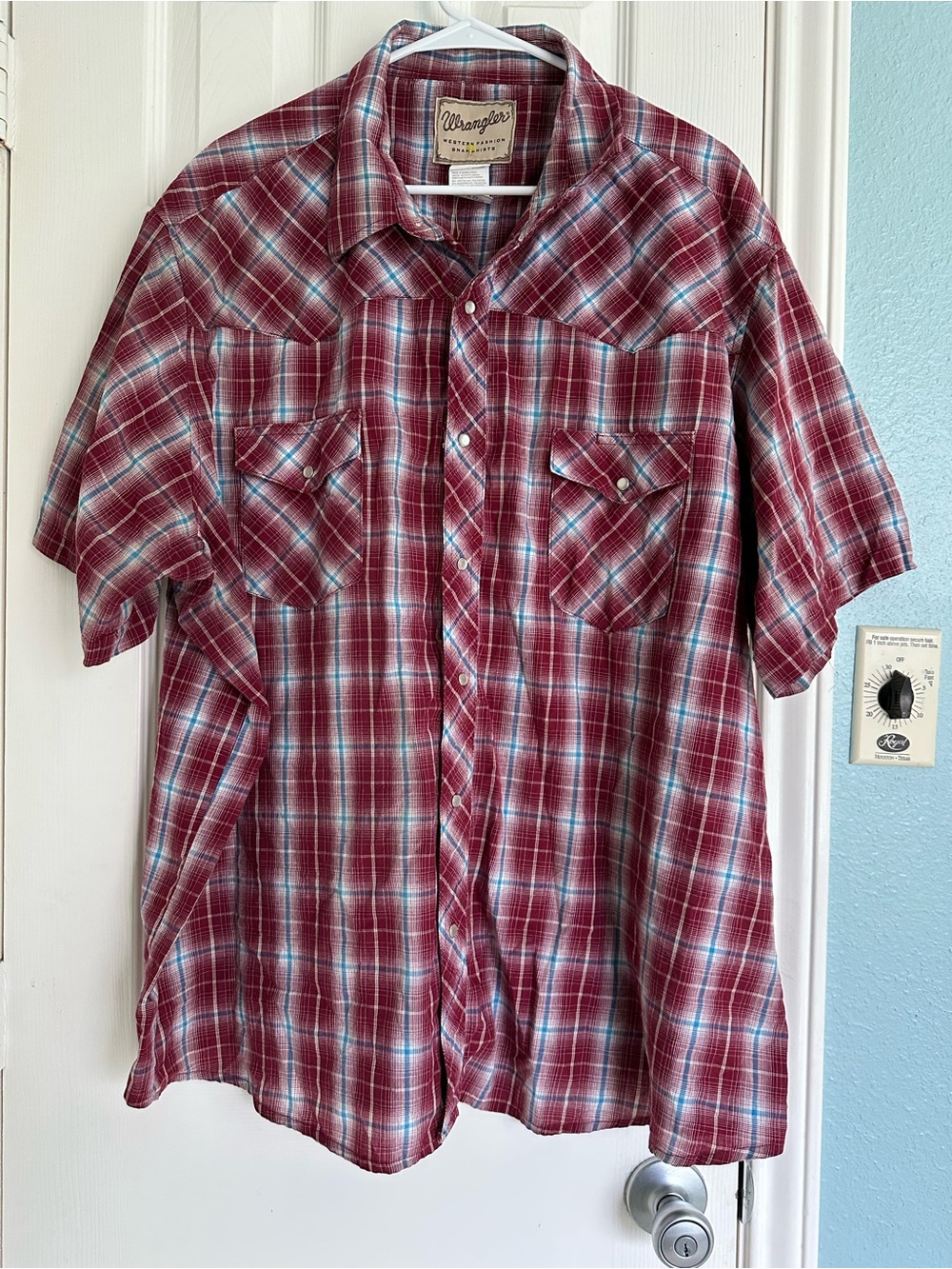 VTG Wrangler Red White Blue Plaid Short Sleeve Pearl Snap Rodeo Mens Size 3XL - Picture 1 of 4